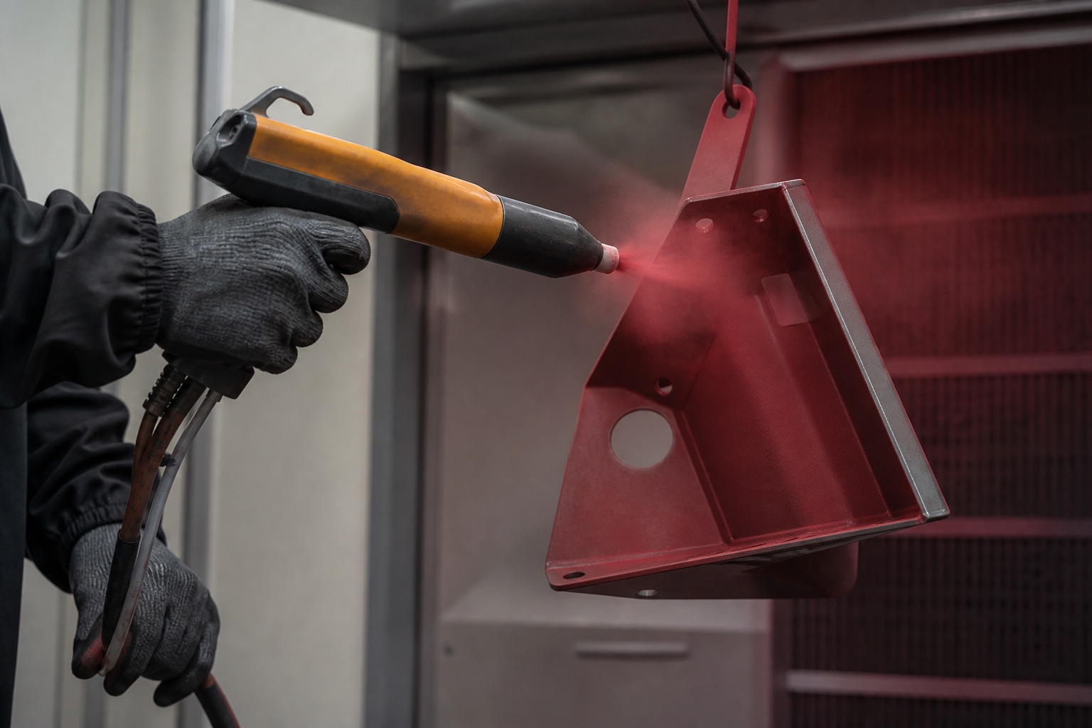 Rappresentazione illustrativa dell'applicazione di polvere su un componente metallico